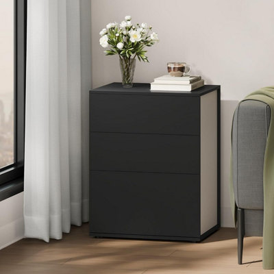 VASAGLE Nightstand, Quick Assembly Storage Unit with Triple Drawers, Ink Black and Cappuccino Beige