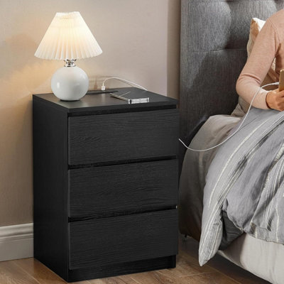 VASAGLE Nightstand Set, Dual Power Storage Units with Triple Drawers and USB Ports, Ebony Black
