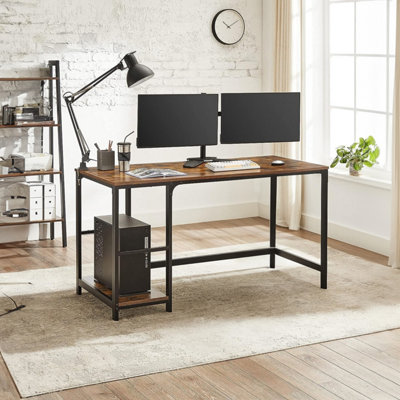 VASAGLE Office Writing Desk, Steel Frame Work Table with 2 Adjustable Shelves, Industrial Style, Rustic Brown and Black