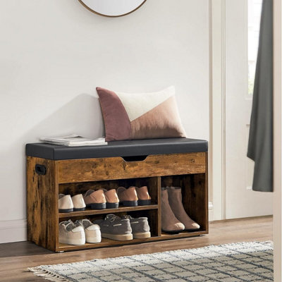 VASAGLE Padded Bench with Cushion Shoe Storage 3 Sections Concealed Compartment Room Lounge Hallway Rustic Brown