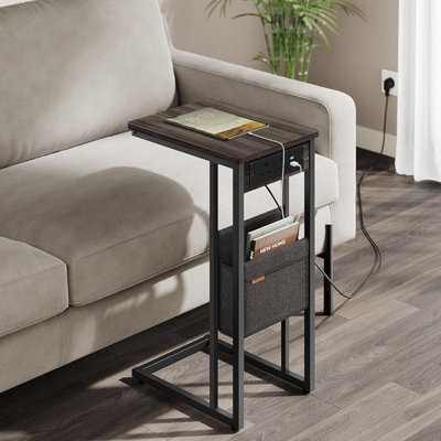 VASAGLE Power Station Table, C-Shaped Unit with USB Ports and Storage, Ash Brown