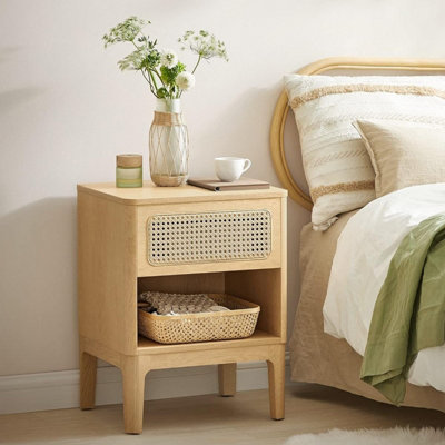 VASAGLE Rattan Bedside Table, Boho Side Table with Drawer, End Table, Modern Nightstand Bedroom Storage, Natural