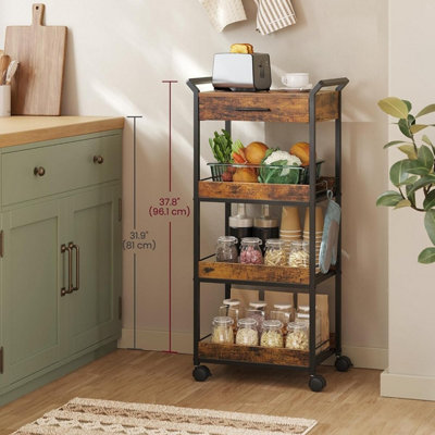 VASAGLE Rolling Cabinet, 4-Tier Multi-Purpose Cart with Drawer and Handle System, Rustic Brown and Ink Black
