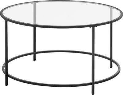 VASAGLE Round Coffee Table, Glass Table with Steel Frame, Living Room Table, Sofa Table, Tempered Glass, Black LGT021B01