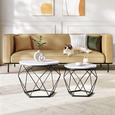 VASAGLE Round Coffee Table, Set of 2, Side Table, Sofa End Table, Modern, Removable Top, White and Black
