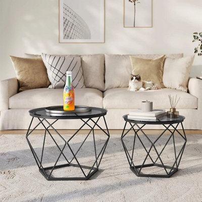 VASAGLE Round Coffee Tables, Set of 2 Side Tables, Modern, Removable Tabletop, Steel, for Living Room, Slate Grey & Ink Black