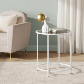 VASAGLE Round End Table, Coffee Table, Tempered Glass Side Table with Steel Structure, Nightstand, Pearl White and Slate Grey