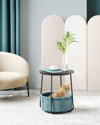 VASAGLE Round End Table with Ample Fabric Basket, Sleek Bedside Table, Modern, Black with Wood Grain and Dark Turquoise