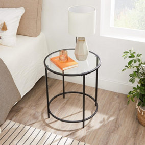 VASAGLE Round Side Table, Small Coffee Table, Tempered Glass End Table, Bedside Table, Living Room, Balcony, Black