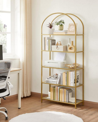 VASAGLE Shelving Unit, Spacious Glass Shelves, Storage Shelf, Rack, Arched, Steel, Versatile, Golden