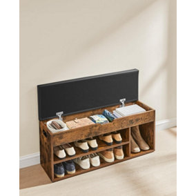 VASAGLE Shoe Bench, Padded Seat Storage, 3 Compartment Organizer, Concealed Storage, Room Lounge Hallway, Rustic Brown