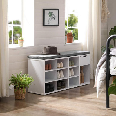 VASAGLE Shoe Bench, Storage Bench with Drawer and Open Compartments, Shoe Shelf, Padded Seat, for Entrance Corridor Bedroom