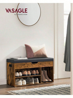 VASAGLE Shoe Bench With Cushion - Storage Bench For Entryway, 3 Compartments, Rustic Brown (11.8D X 23.6W X 17.3H In)