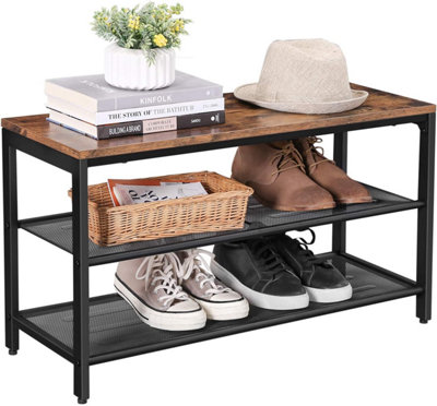 VASAGLE Shoe Bench with Seat, Shoe Rack with 2 Mesh Shelves, Shoe Storage Organiser for Hall Entryway, Metal, Industrial