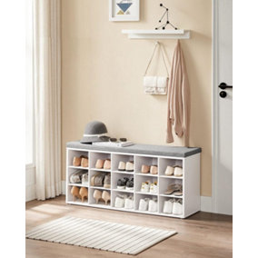 VASAGLE Shoe Organizer Bench, White Shoe Cabinet with Cushion, 15 Open Storage Slots, for Entryway or Bedroom, White and Grey