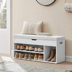 VASAGLE Shoe Storage Bench, Padded Seat, 3 Compartments, Concealed Storage, Living Room Lounge Hallway Bedroom, White