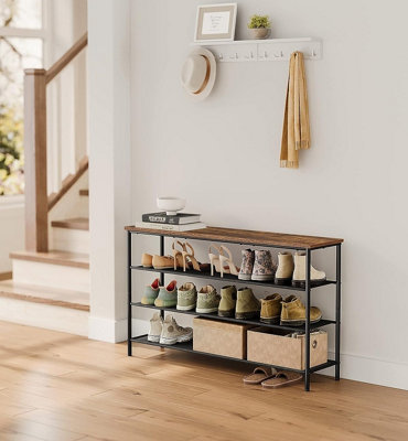 VASAGLE Shoe Storage Rack 4 Tier, Slim Shoe Shelf Organizer, with 3 Fabric Shelves and Top Area for Bags,  Rustic Brown and Black