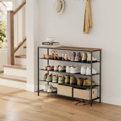 VASAGLE Shoe Storage Shelf 5 Tier, Narrow Shoe Organizer, 4 Fabric Shelves & Upper Section, Industrial, Rustic Brown & Black