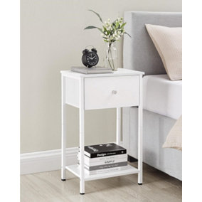 VASAGLE Side Table, Bedside Table with Fabric Drawer, Tall End Table with Storage Shelf, for Living Room, Bedroom, White