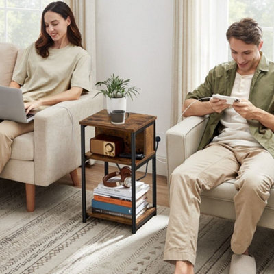 VASAGLE Side Table, Slim Charging Station with USB Ports and Outlets for Living Space, Rustic Brown and Black