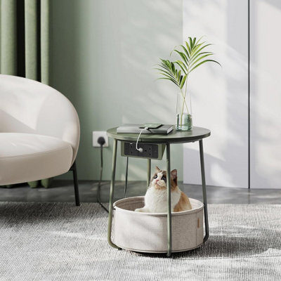 VASAGLE Side Table with Charging Station, Round End Table with Power Outlets, USB Ports, Basket, Forest Green and Cream White