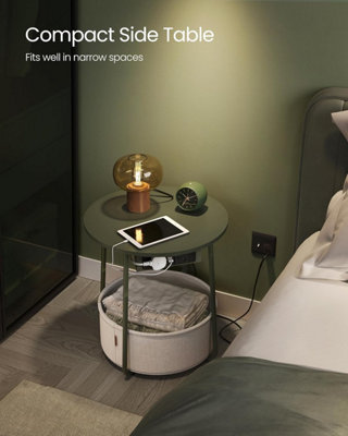 VASAGLE Side Table with Charging Station Round End Table with Power Outlets USB Ports Basket Forest