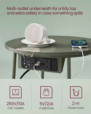 VASAGLE Side Table with Charging Station Round End Table with Power Outlets USB Ports Basket Forest