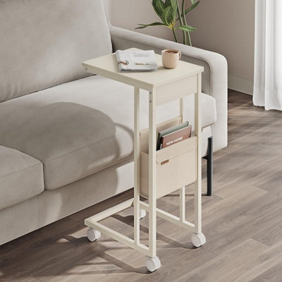 VASAGLE Side Table with Fabric Storage Bag, Compact C-Shape End Table, Adjustable Feet and Swivel Castors, Cream White