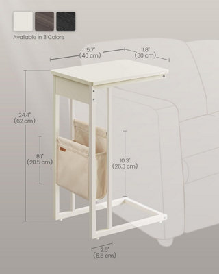 VASAGLE Side Table with Fabric Storage Bag, Compact C-Shape End Table, Adjustable Feet and Swivel Castors, Cream White