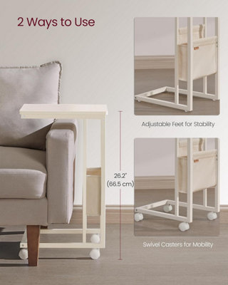 VASAGLE Side Table with Fabric Storage Bag, Compact C-Shape End Table, Adjustable Feet and Swivel Castors, Cream White