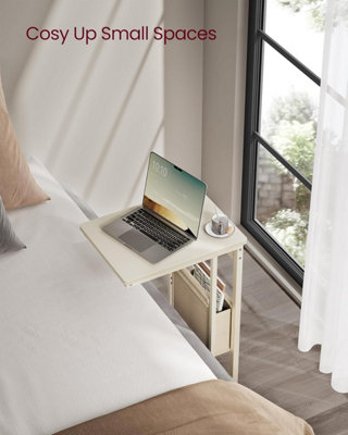 VASAGLE Side Table with Fabric Storage Bag, Compact C-Shape End Table, Adjustable Feet and Swivel Castors, Cream White
