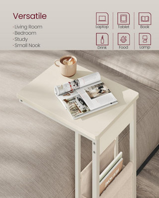 VASAGLE Side Table with Fabric Storage Bag, Compact C-Shape End Table, Adjustable Feet and Swivel Castors, Cream White
