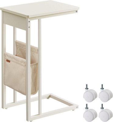VASAGLE Side Table with Fabric Storage Bag, Compact C-Shape End Table, Adjustable Feet and Swivel Castors, Cream White
