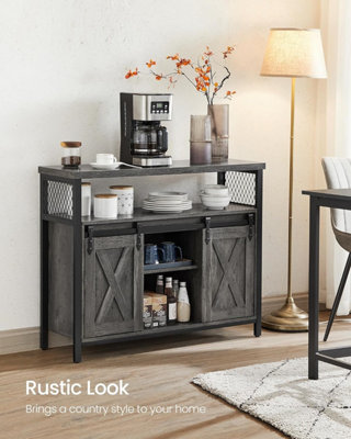 VASAGLE Sideboard, Kitchen Cabinet, Storage Cupboard, with 2 Sliding Barn Doors,  Adjustable Shelves, Stone Grey and Ink Black