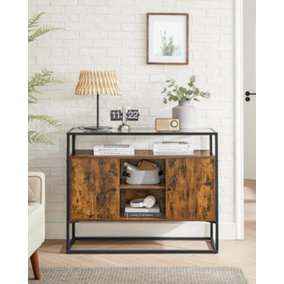 VASAGLE Sideboard, Side Cabinet, Storage Cabinet with Glass Surface and Open Compartments, Living Room, Hallway, Stable Steel