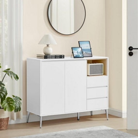 VASAGLE Sideboard, Storage Cabinet, with Doors & Height Adjustable Shelf, 3 Drawers, Open Compartment, for Any Spaces, Cloud White
