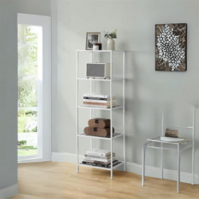 VASAGLE Sleek Glass Bookshelf, 5 Level Storage Tower, Display Shelf, Toughened Glass, Pearl White & Slate Grey