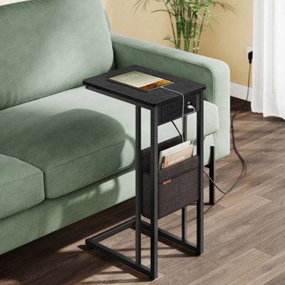 VASAGLE Smart Side Unit, C-Table with USB Charging and Storage Pouch, Ebony Black