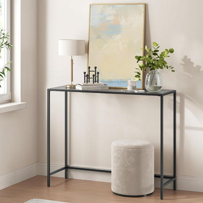 VASAGLE Sofa Table, Glass Top Console Table, Modern Side Table with Tempered Glass Surface, Easy Assembly, Ink Black & Slate Grey