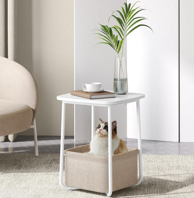 VASAGLE Square Storage Unit, Modern Bedside Table with Fabric Insert, Matte White and Camel Brown