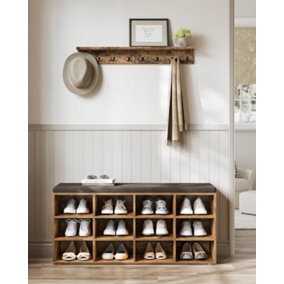 VASAGLE Storage Bench, Hallway Furniture, Padded Seat, with Cushion, 12 Compartments, Adjustable Shelves, Rustic Brown
