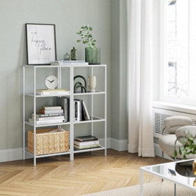 VASAGLE Storage Shelf, 4-Tier, Bookshelf, Storage Rack, Shelving Unit, Tempered Glass, Pearl White & Slate Grey