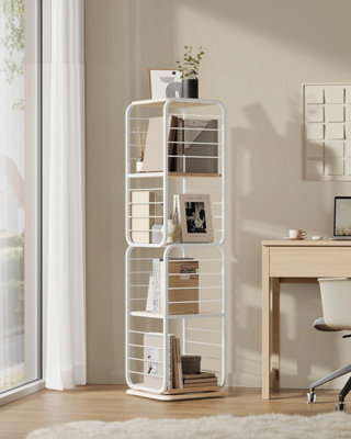 VASAGLE Swivel Bookshelf, Corner Bookcase with Integrated Bookends,  Natural Beige and Cloud White