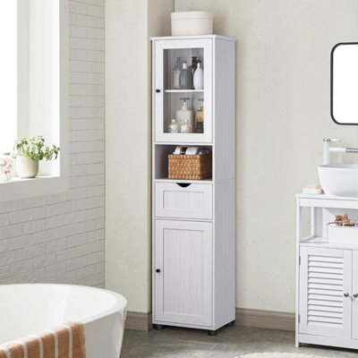 VASAGLE Tall Bathroom Cabinet Free Standing, Slim Bathroom Cupboard, with Open Shelf, Glass Door,Space-Saving, Light Grey Price Comparisons | Compare The Build