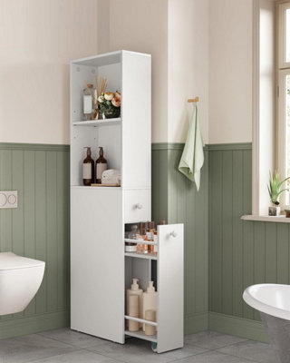 VASAGLE Tall Bathroom Cabinet, Slim Bathroom Storage Cabinet, Narrow Storage Unit with Drawers and Adjustable Shelf, White