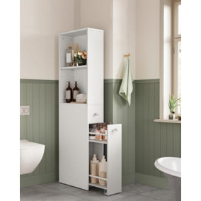 VASAGLE Tall Bathroom Cabinet, Slim Bathroom Storage Cabinet, Narrow Storage Unit with Drawers and Adjustable Shelf, White
