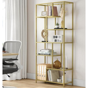 VASAGLE Tall Bookcase, 6-Shelf Display Unit, Multifunctional Plant Rack, Glass Shelves, for Home, Room, Kitchen, Metallic Gold