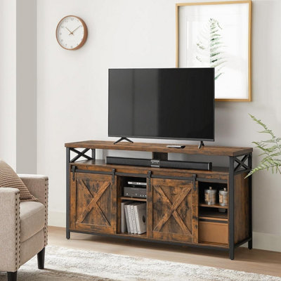 VASAGLE TV Stand Cabinet, Large TV Stand, Adjustable Shelves, Barn Doors, Farmhouse Design, Metal Frame, Rustic Brown and Black