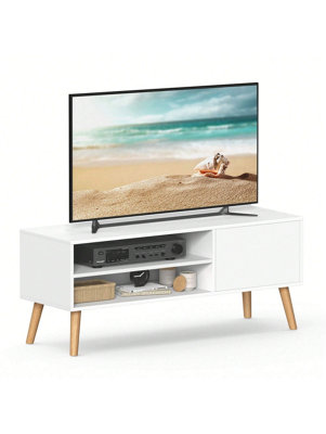 KOMFOTTEU Televisietafel, tv-kast van hout, televisiekast voor tv tot 55 inch, tv-lowboard met 2 deuren van bamboe, 120 x 35 x 45,5 cm