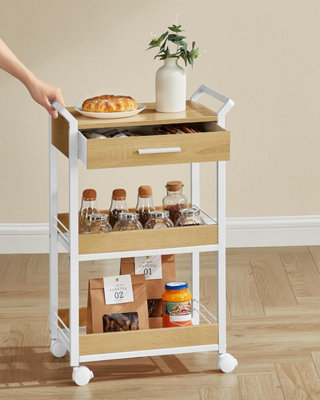 VASAGLE Utility Trolley, Triple-Level Rolling Storage with Table Surface and Mesh Design, Golden Oak and Cloud White